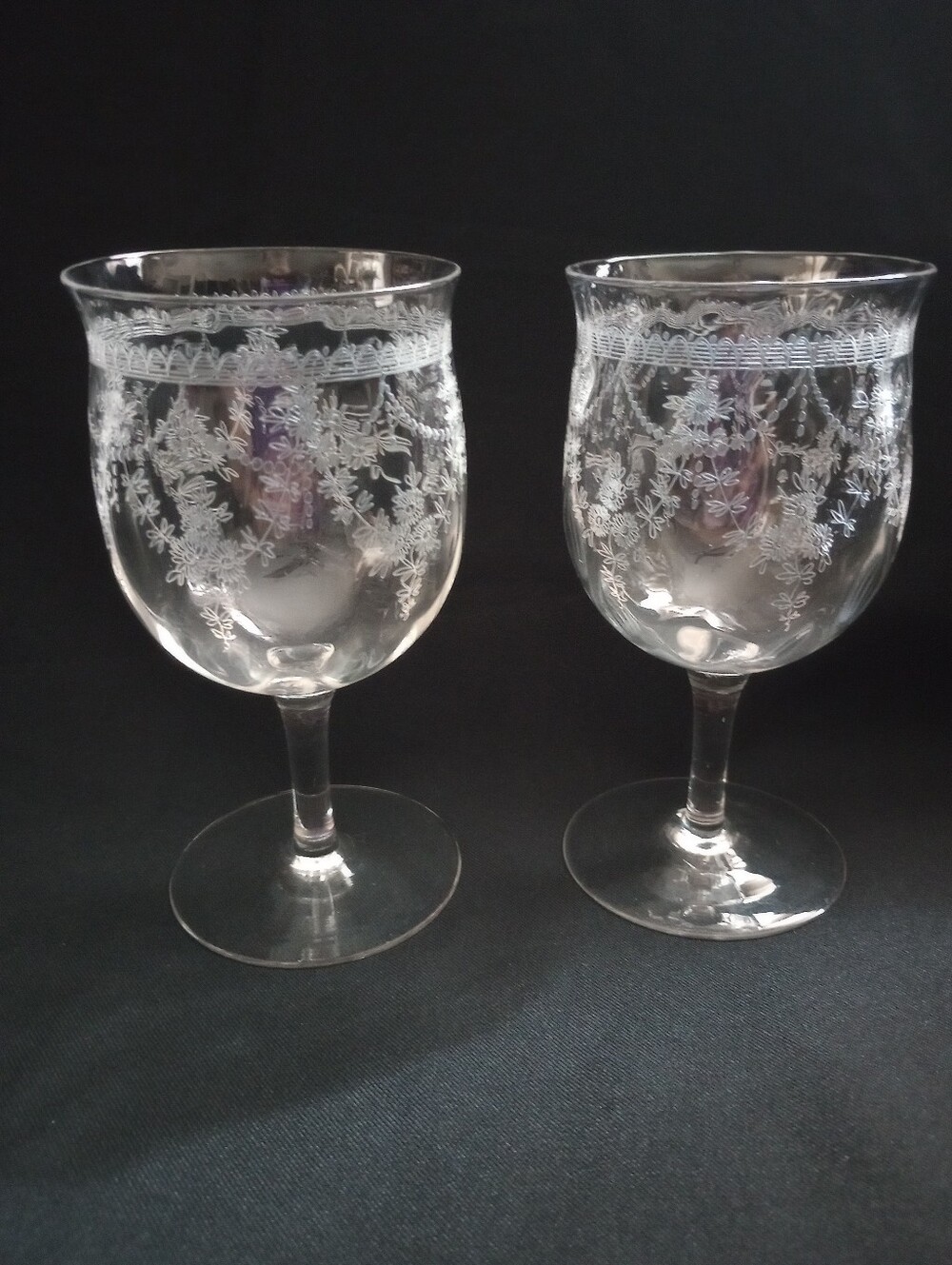 Central Glass Works Etch 11 Pattern Elegant Glass Water Wine Goblets -Set Of 2